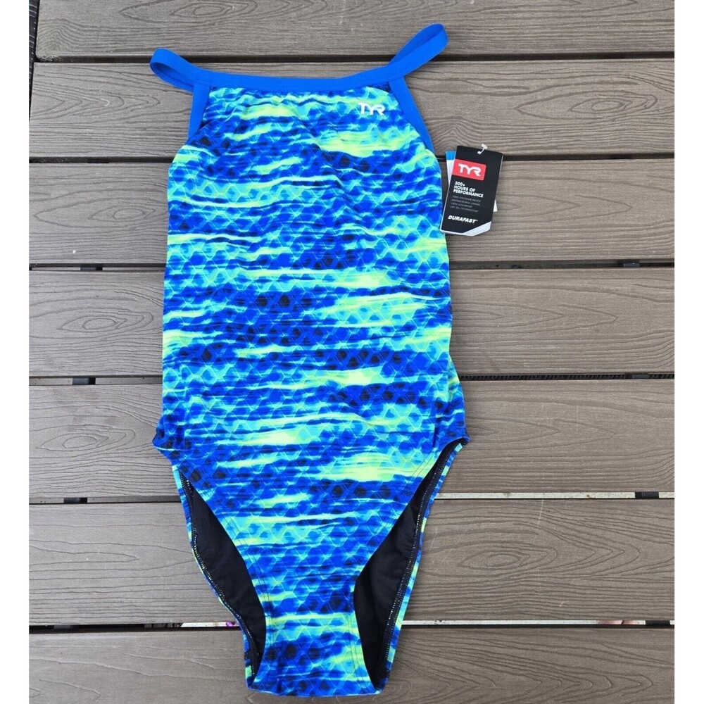 TYR Women's Girls Durafast Castaway Diamondfit Swimsuit blue/green Size 26 New